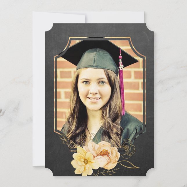 Chalkboard Floral Graduate Class of 20XX Photo Inv Invitation (Front)