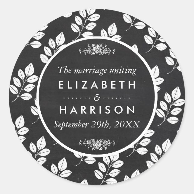 Chalkboard Floral Leaf Wedding Classic Round Sticker (Front)