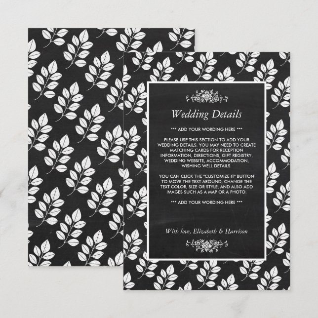 Chalkboard Floral Leaf Wedding Detail Enclosure Card (Front/Back)