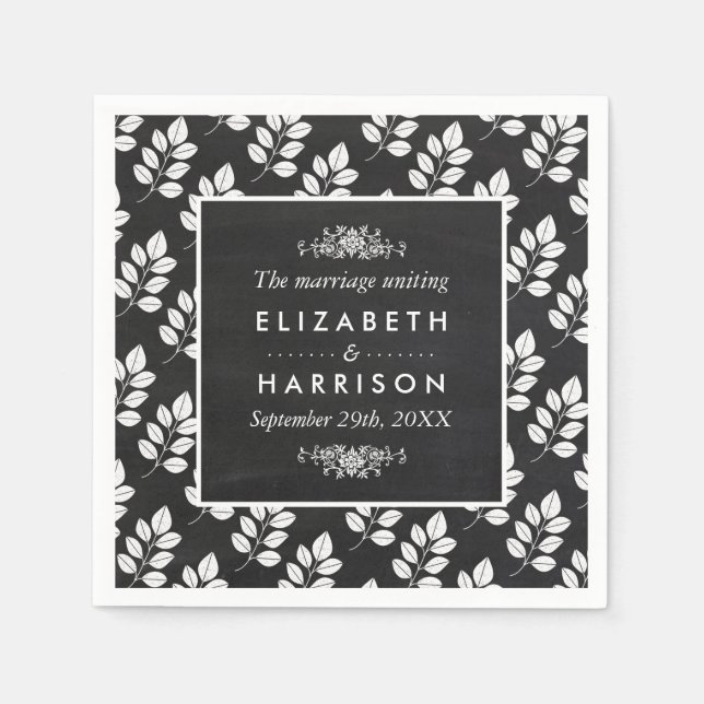 Chalkboard Floral Leaf Wedding Napkin (Front)