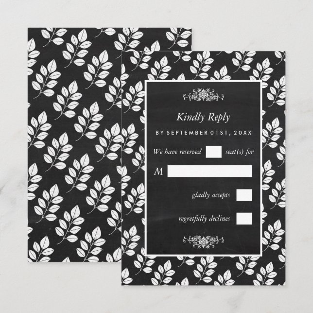 Chalkboard Floral Leaf Wedding RSVP Card (Front/Back)