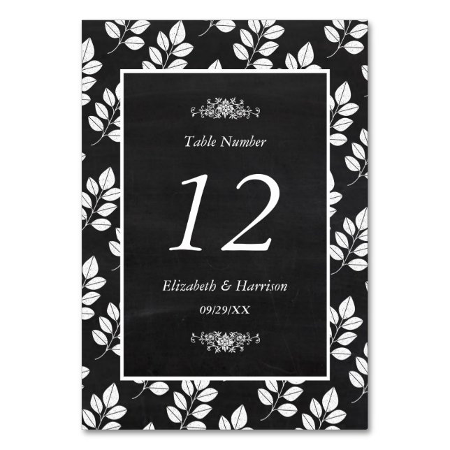 Chalkboard Floral Leaf Wedding Table No. Table Number (Front)