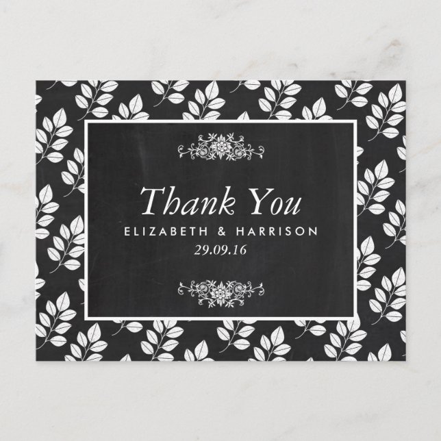 Chalkboard Floral Leaf Wedding Thank You Postcard (Front)