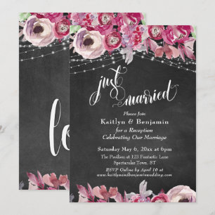 Chalkboard Floral Lights Just Married Reception Invitation