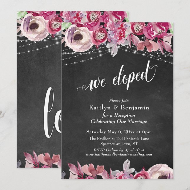 Chalkboard Floral Lights We Eloped Reception-Only Invitation (Front/Back)