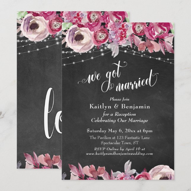 Chalkboard Floral Lights Wedding Reception Only Invitation (Front/Back)