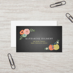 Chalkboard Floral Rose Apple Teacher Business Card