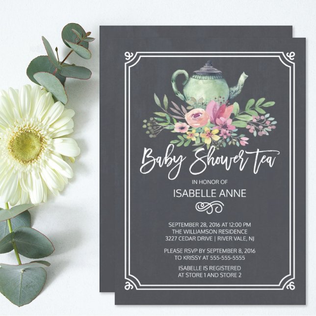 Chalkboard Floral Tea Party Neutral Baby Shower Invitation (Creator Uploaded)