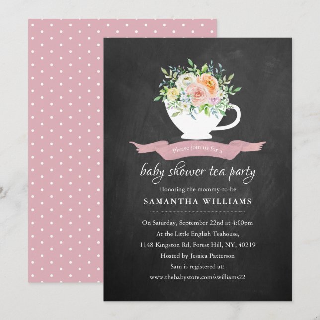 Chalkboard Floral Teacup Baby Shower Tea Party Invitation (Front/Back)