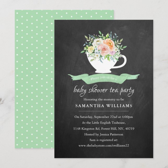 Chalkboard Floral Teacup Baby Shower Tea Party Invitation (Front/Back)