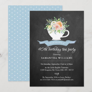 Chalkboard Floral Teacup Birthday Tea Party Invitation