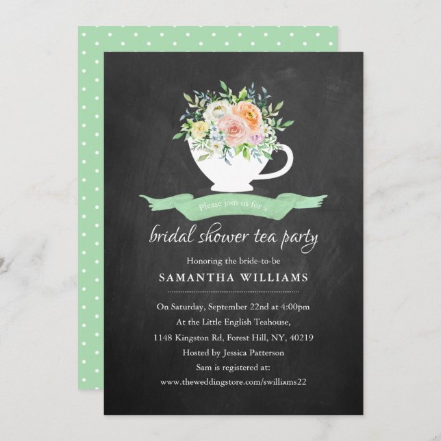 Chalkboard Floral Teacup Bridal Shower Tea Party Invitation (Front/Back)
