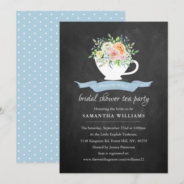 Chalkboard Floral Teacup Bridal Shower Tea Party Invitation (Front/Back)