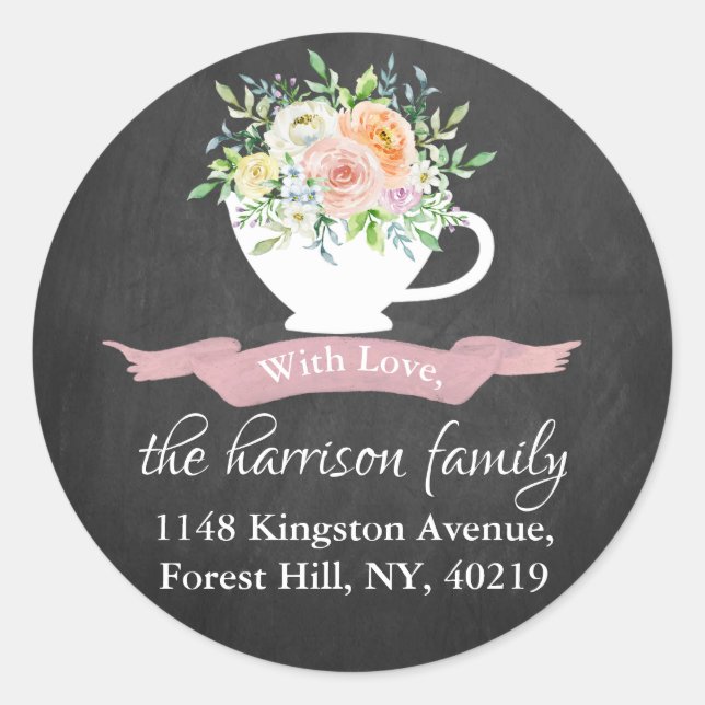 Chalkboard Floral Teacup Return Address Classic Round Sticker (Front)