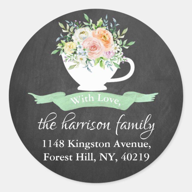 Chalkboard Floral Teacup Return Address Classic Round Sticker (Front)