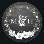Chalkboard Floral Wedding Monograms Ampersand Classic Round Sticker<br><div class="desc">Customise with your Monogram. Please contact me with any questions or special requests. Florals are a light blue-grey and white with sage green wreath. Chalkboard Background can be removed by using "Customise It" and deleted that image; you can then add your own background colour</div>