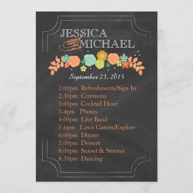 Chalkboard Floral Wedding Program ITINERARY CARD (Front)