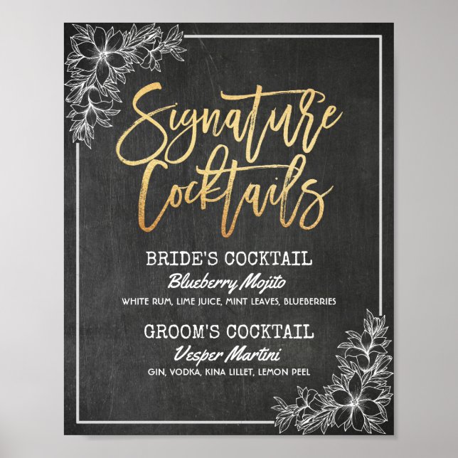 Chalkboard Floral Wedding Signature Drink Menu Poster (Front)