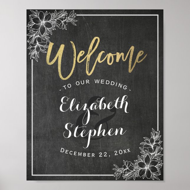 Chalkboard Floral Wedding Welcome Reception Sign (Front)