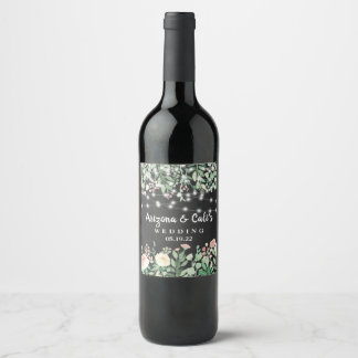 Chalkboard Floral Wood String Lights wedding Wine Label