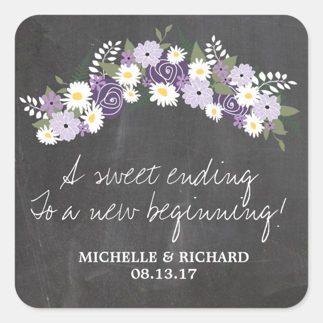 Chalkboard Floral Wreath Wedding Square Sticker (Front)