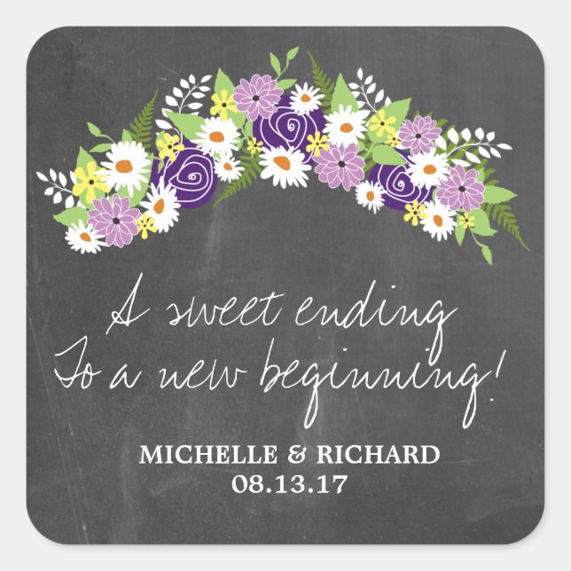 Chalkboard Floral Wreath Wedding Square Sticker (Front)