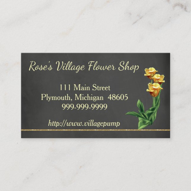 Chalkboard Flower Shop Business Card Yellow Roses (Front)