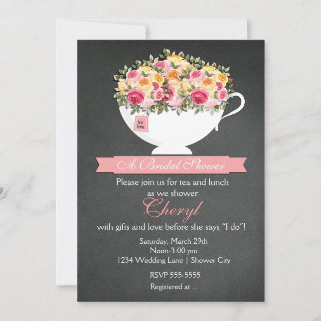Chalkboard Flower Tea Cup Bridal Shower Invitation (Front)