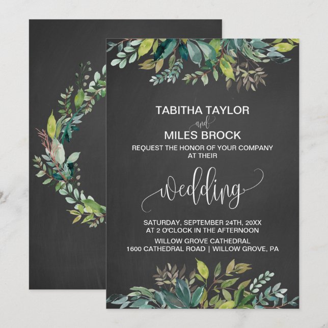 Chalkboard Foliage Monogram Wreath Backing Wedding Invitation (Front/Back)