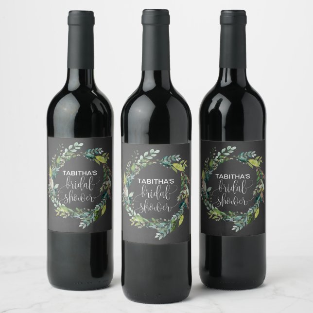 Chalkboard Foliage Wreath Bridal Shower Wine Label (Bottles)