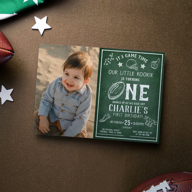 Chalkboard Football All Star Photo 1st Birthday Invitation (Creator Uploaded)