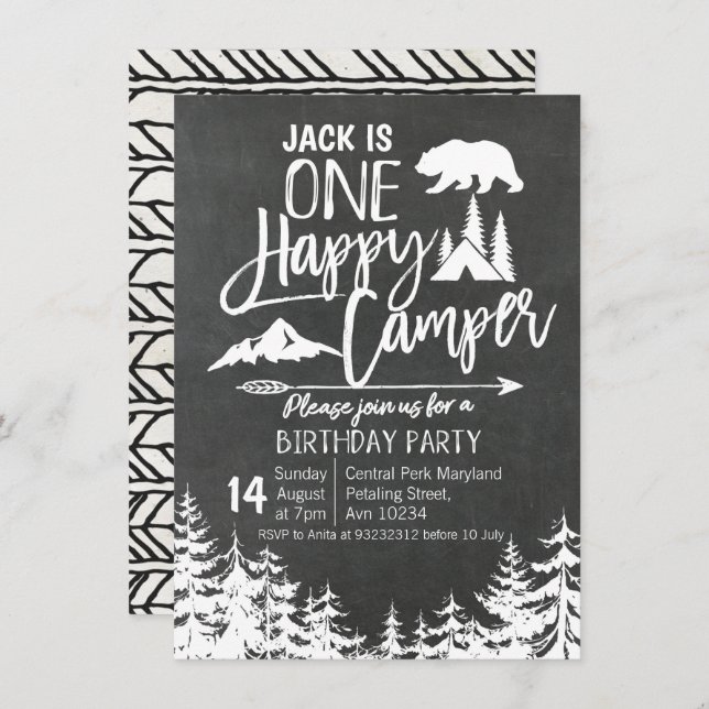 Chalkboard Forest Camping Birthday party camper Invitation (Front/Back)