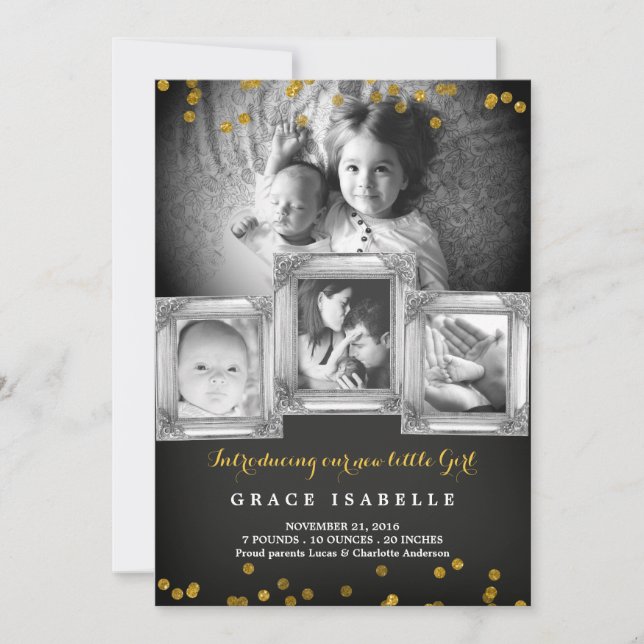 Chalkboard Frame Confetti Baby Birth Announcement (Front)