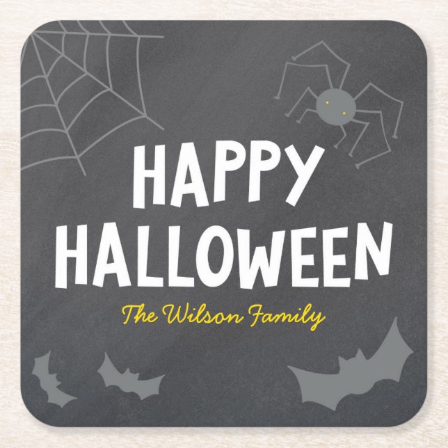 Chalkboard Frightful Creatures Happy Halloween Square Paper Coaster (Front)