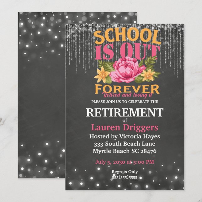 Chalkboard Funny Teacher Floral Retirement   Invitation (Front/Back)