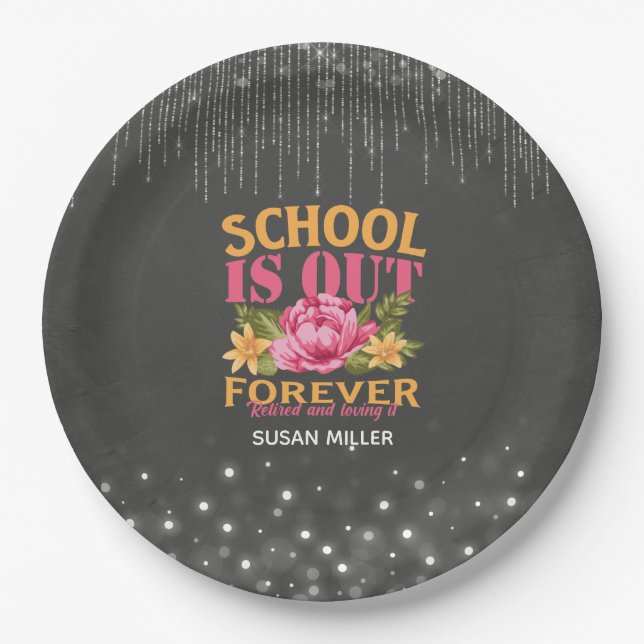 Chalkboard Funny Teacher Floral Retirement  Paper Plate (Front)