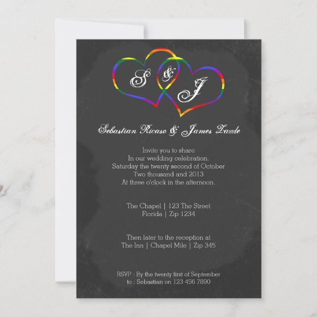 Chalkboard Gay Pride Rainbow Heart Doodle Wedding Invitation (Front)