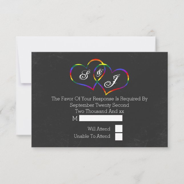 Chalkboard Gay Pride Rainbow Hearts Wedding RSVP (Front)
