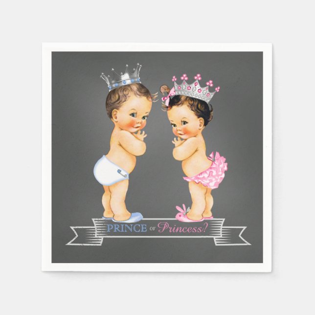 Chalkboard Gender Reveal Brunette Prince Princess Napkin (Front)
