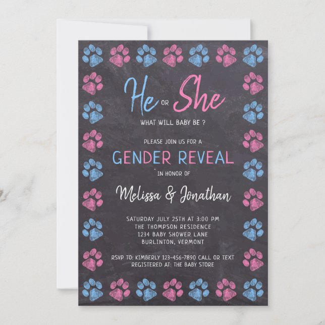 Chalkboard Gender Reveal Paw Prints Blue Pink Invitation (Front)