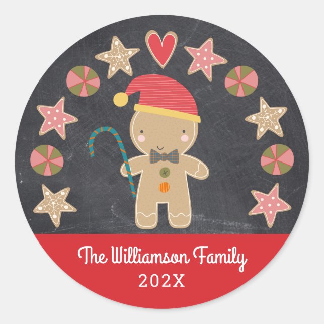 Chalkboard Gingerbread Boy Cookie Red Cute Holiday Classic Round Sticker (Front)