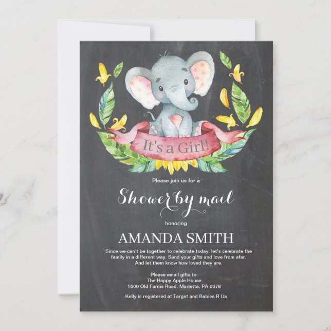 Chalkboard Girl Elephant Baby Shower by Mail Invitation (Front)