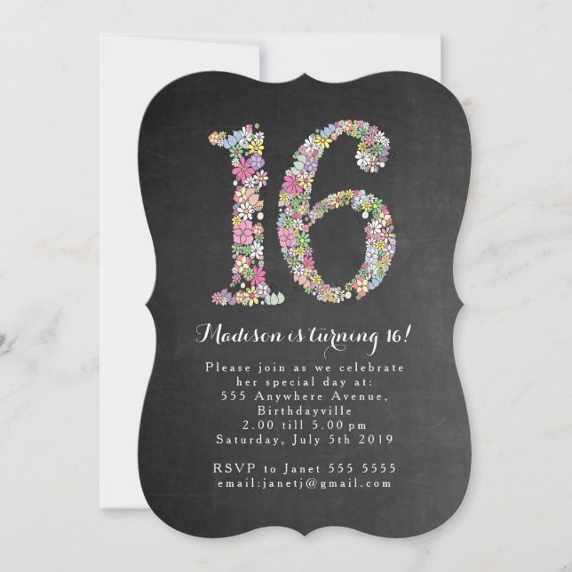 Chalkboard Girls Floral 16th Birthday Party Invite (Front)