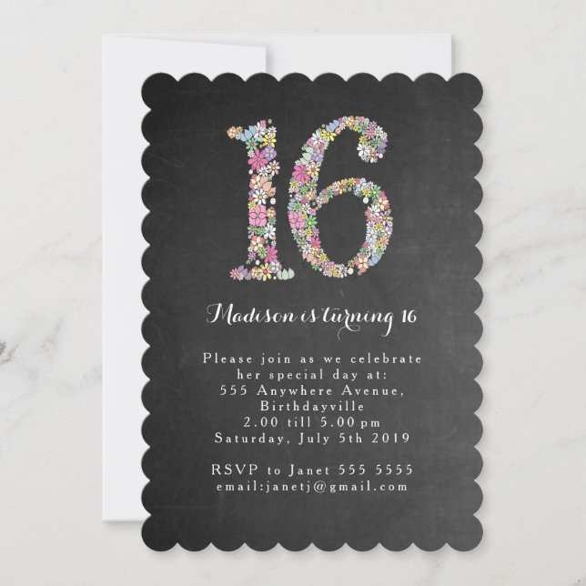 Chalkboard Girls Floral 16th Birthday Party Invite (Front)