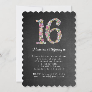 Chalkboard Girls Floral 16th Birthday Party Invite