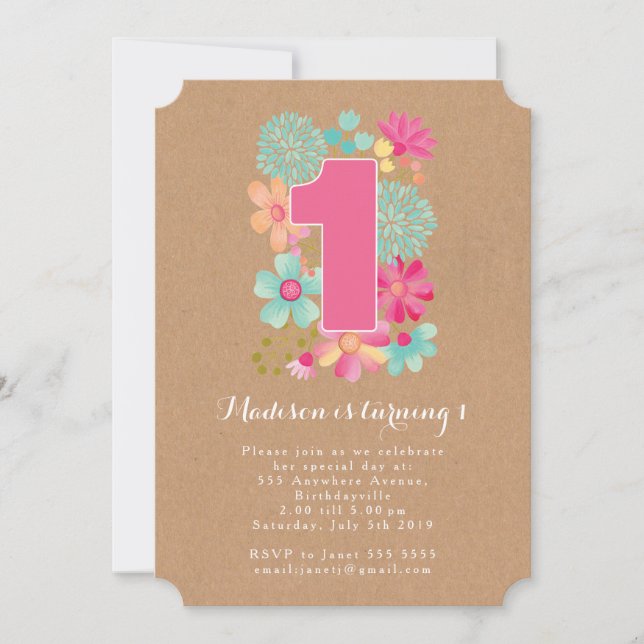 Chalkboard Girls Floral 1st Birthday Party Invite (Front)