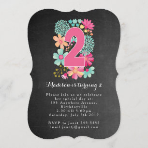 Chalkboard Girls Floral 2nd Birthday Party Invite