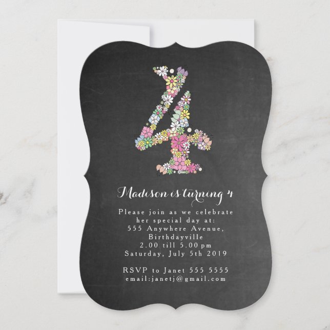 Chalkboard Girls Floral 4th Birthday Party Invite (Front)