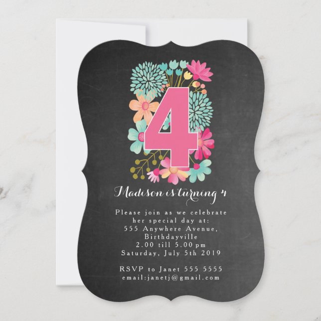 Chalkboard Girls Floral 4th Birthday Party Invite (Front)