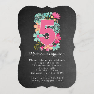 Chalkboard Girls Floral 5th Birthday Party Invite